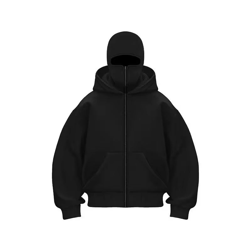Adult Zipper Hooded Sweatshirt Soft Fleece Jacket with Hoodie Mask Men Women Windbreaker Casual Outwear Loose Sports Coat Tops