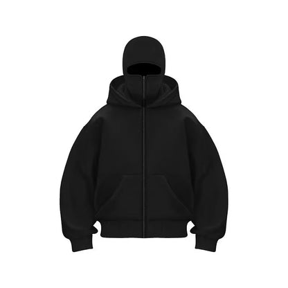Adult Zipper Hooded Sweatshirt Soft Fleece Jacket with Hoodie Mask Men Women Windbreaker Casual Outwear Loose Sports Coat Tops