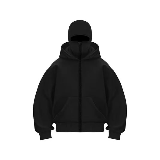 Adult Zipper Hooded Sweatshirt Soft Fleece Jacket with Hoodie Mask Men Women Windbreaker Casual Outwear Loose Sports Coat Tops