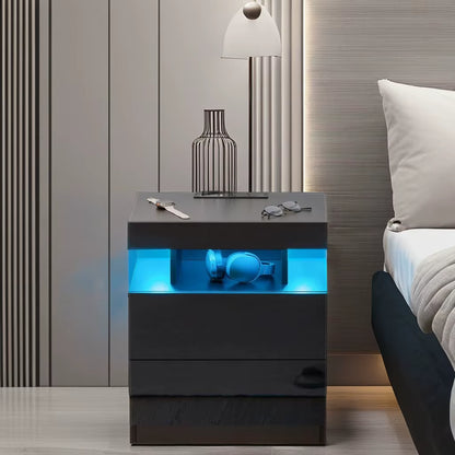 Modern LED Nightstand with Wireless Charging Station High Gloss Bedside Table for Bedroom Furniture