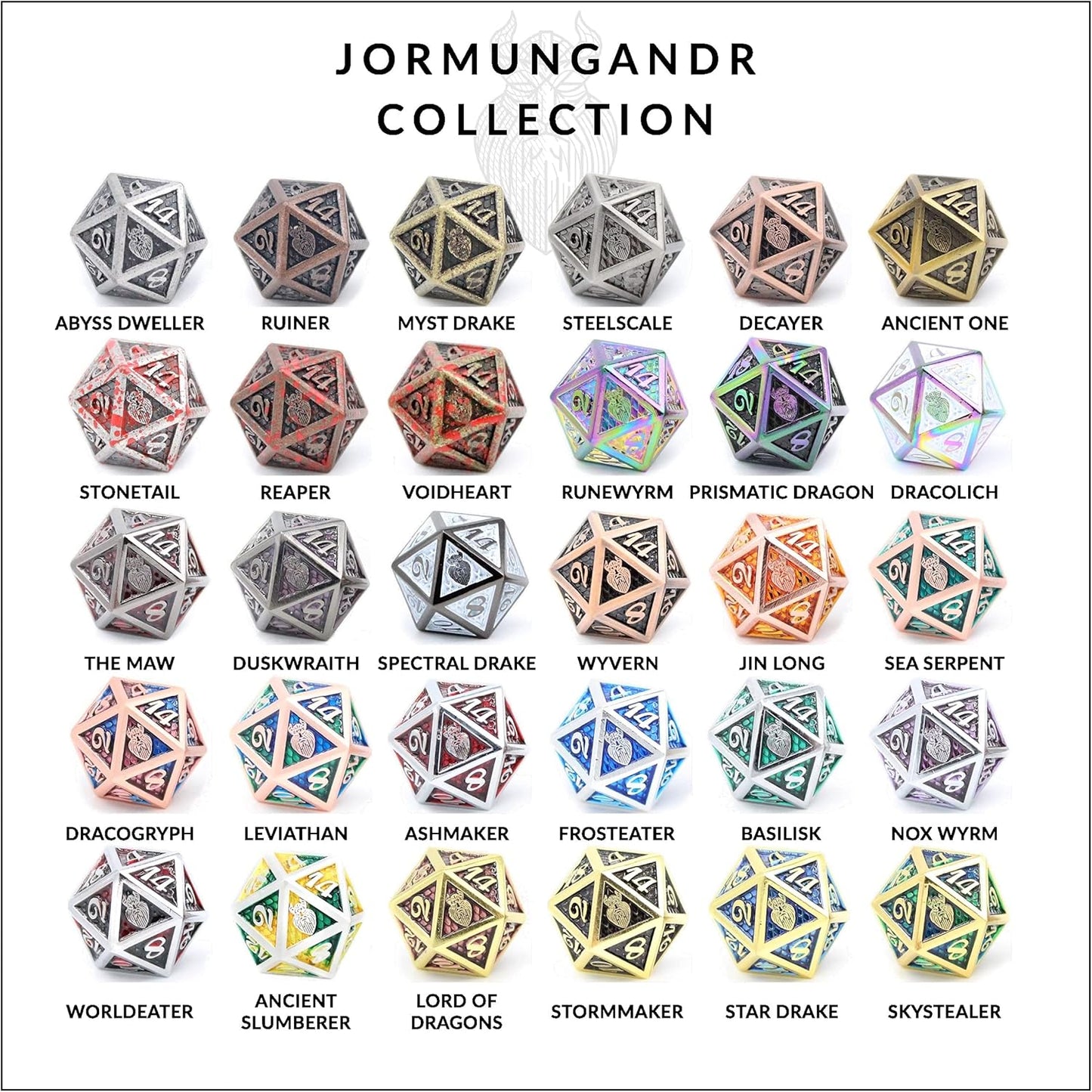 Metal DND Dice Set 7 Pcs - Dragonhide Design, 16Mm Size, Logo on D20; Metal Dice Set & Dice Box; D&D Dice Set D&D (Dungeons and Dragons Dice Set) - Jormungandr Series (Prismatic Dragon)