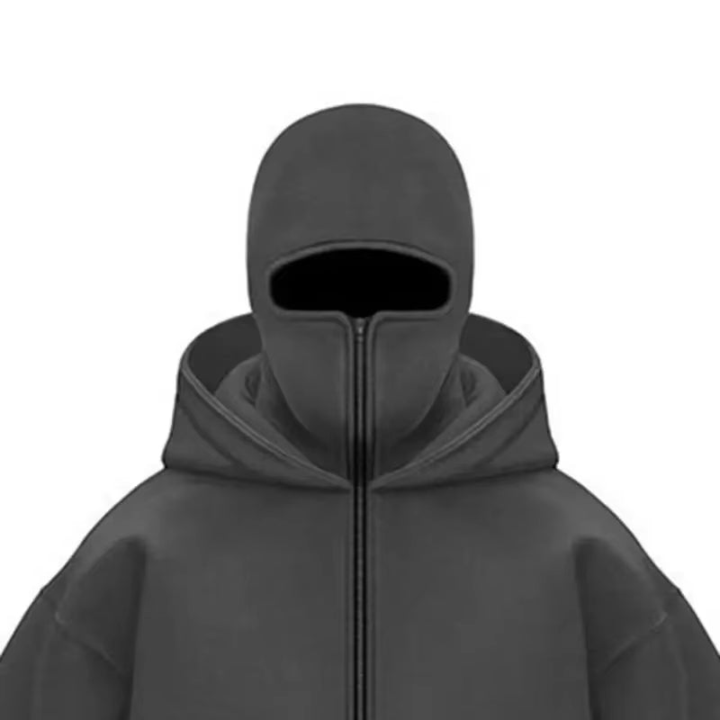 Adult Zipper Hooded Sweatshirt Soft Fleece Jacket with Hoodie Mask Men Women Windbreaker Casual Outwear Loose Sports Coat Tops