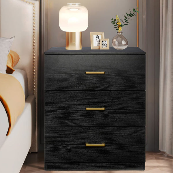 Nightstand, Modern 3 Drawer Nightstand, Black Nightstand with Gold Handle, Wooden Side Table Storage Cabinet Unit for Bedroom/Living Room/Small Space
