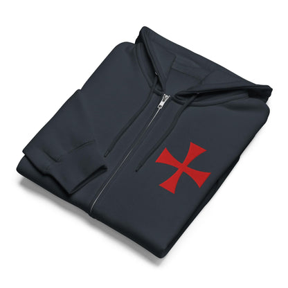 Knights Templar Cross Zip Hoodie, Crusader Cross, Deus Vult, Knights Templar Gift, Roman Catholic Gifts Embroidered Premium Full Zip Hoodie