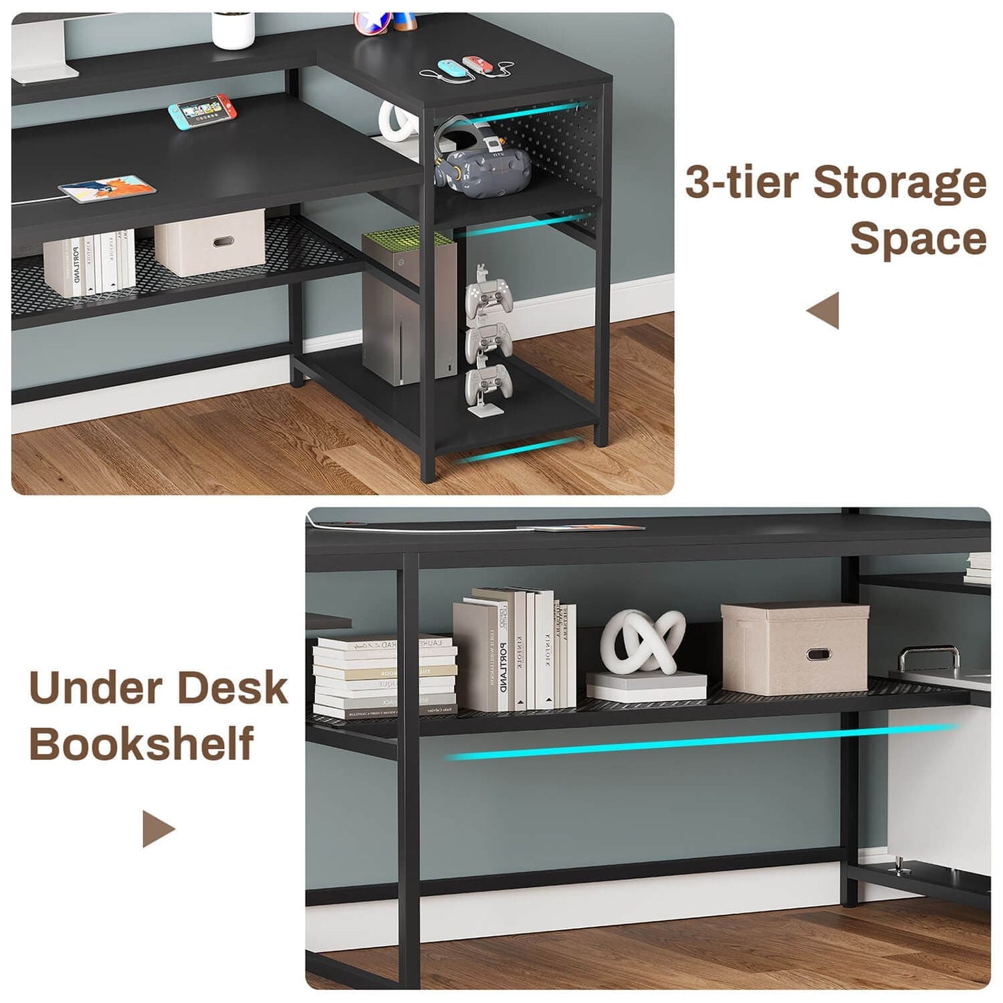 96 Inches L Shaped Reversible LED Gaming Desk Black