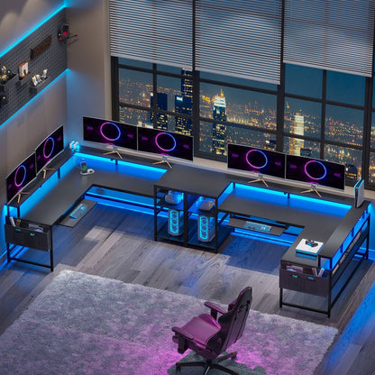 96 Inches L Shaped Reversible LED Gaming Desk Black