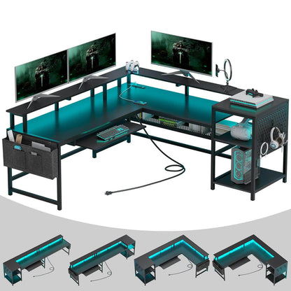 96 Inches L Shaped Reversible LED Gaming Desk Black
