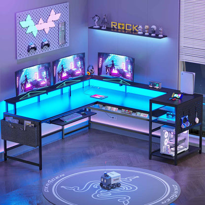 96 Inches L Shaped Reversible LED Gaming Desk Black